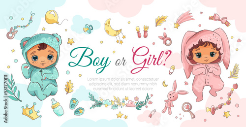 Boy or Girl banner for baby shower party. Gender reveal template with cartoon cute newborns, toys, stars, moon, rattle, teething toy. Vector cartoon illustration for invitation