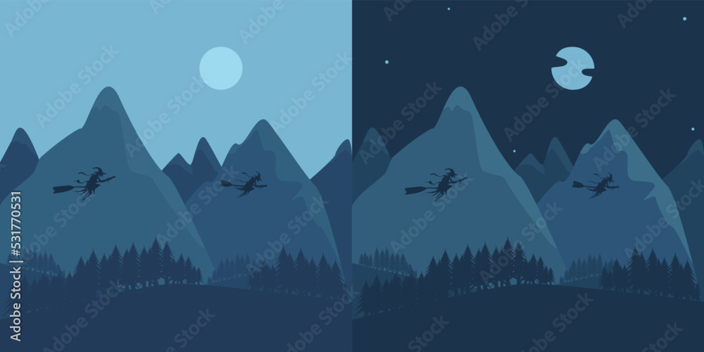 Fototapeta premium Witches Fly to Halloween Over Mountains and Forests, Day and Night