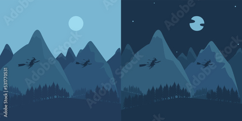Witches Fly to Halloween Over Mountains and Forests, Day and Night