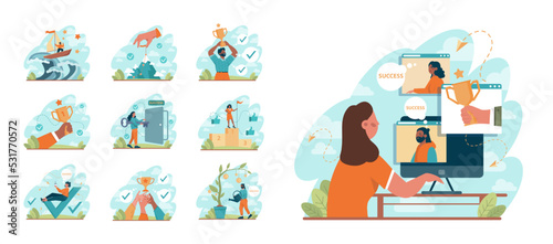Success concept set. Winning in competition. Getting reward or prize