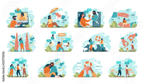 Support concept set. Character help each other in solving problems.