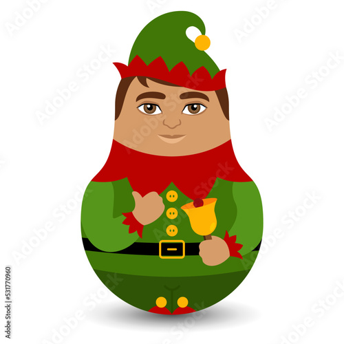 Christmas helper of Santa Claus - a gnome in a green suit. Modern kawaii dolls for your business project. Flat vector illustration.