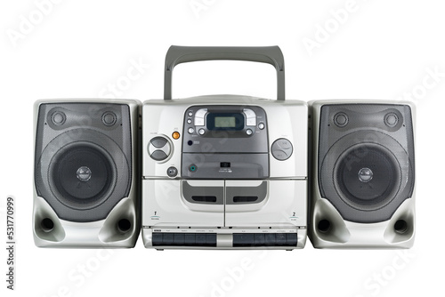 Vintage boom box style portable stereo radio, cd, cassette tape player and recorder isolated.