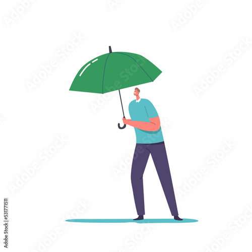 Male Character Holding Umbrella Isolated on White Background. Concept of Rainy Weather, Insurance Protection