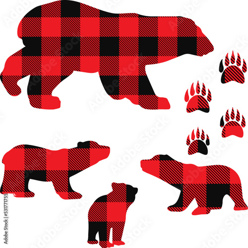 Bear buffalo plaid set. Vector illustration woodland animal . Lumberjack clipart.