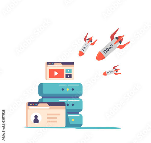 Cyber Security, Ddos Protection And Safety Data Concept. Blockchain Server, Network and Computer under Bomb Attack
