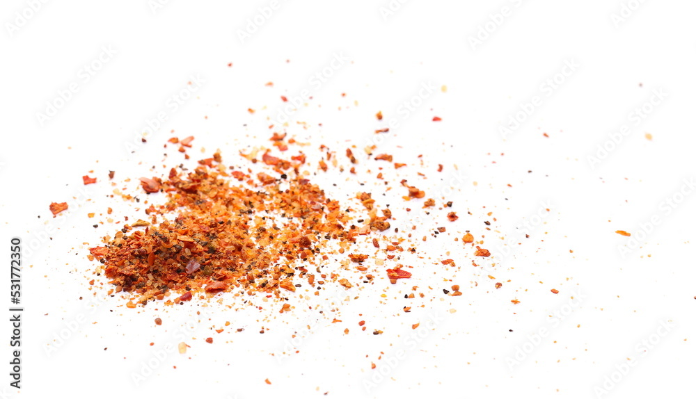 Seasoning preparation, mild hot powder mixture, with spices and tomatoes, (black pepper, garlic, cane sugar, granulated tomatoes, cayenne pepper, sea salt) isolated on white 