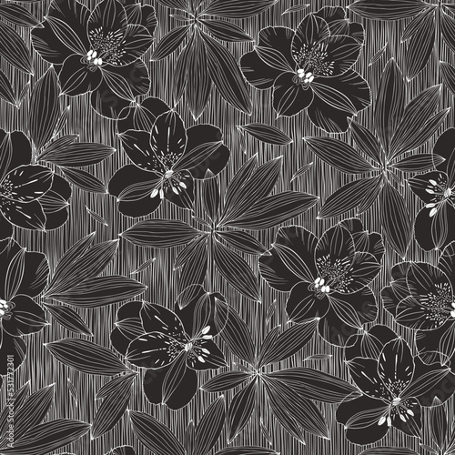 Wallpaper Mural Seamless vector pattern with  flowers and leaves on a black striped background. Floral abstract background.  Line art. Perfect for wallpaper, wrapping, fabric and textile. Torontodigital.ca