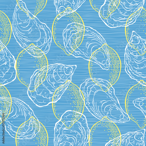 Oysters with lemons on a blue texture background. Seamless vector pattern. Food vector Illustration. Hand drawn images. Perfect for wallpaper, wrapping, fabric and textile.
