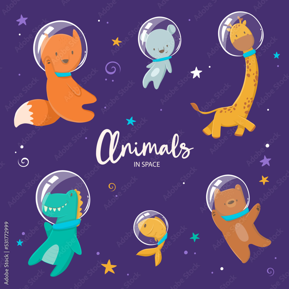 Cartoon collection of cute animals in space Cartoon collection of cute animals in space