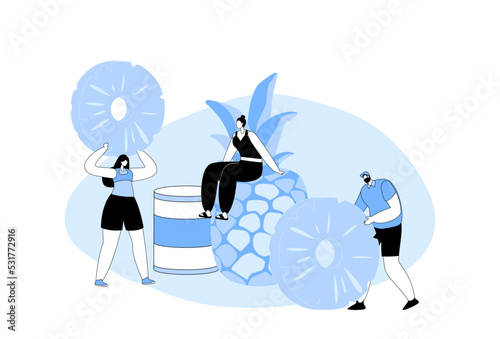 Tiny Male and Female Characters with Huge Ripe Pineapple Fruit Fresh and Canned Salad. Men and Women on Vegetarian Diet