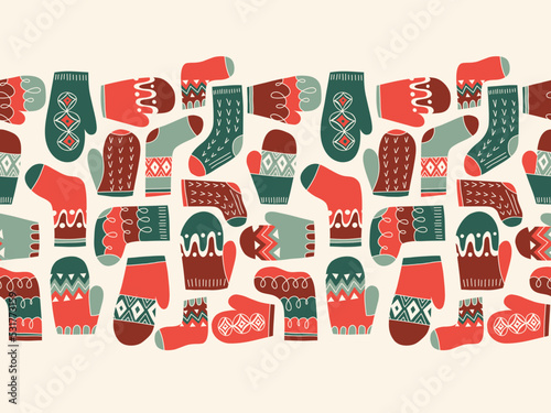 Colorful Retro Knitted Mittens and Socks Vector Seamless Pattern Horizontal Border. Hand Drawn Fair Isle Knitwear Graphic Print. Winter Holiday Background. Red and White Christmas Doodle Design