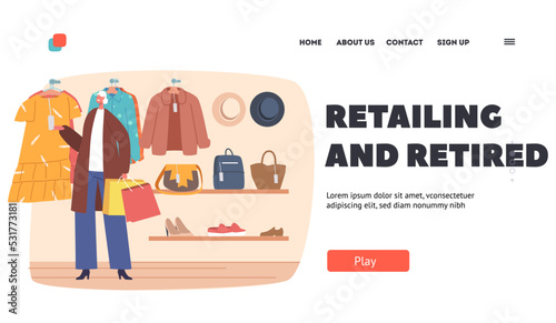 Old Lady Shopping Landing Page Template. Senior Female Character Choose on Clothes in Store, Aged Woman Look on Dress