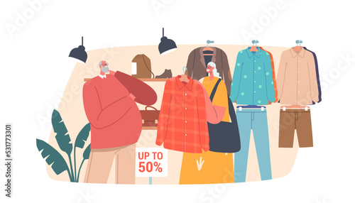 Senior Shopaholic Couple Purchase Clothes in Fashion Brand Outlet. Happy Man and Woman Shopping Sparetime