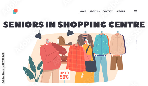 Seniors in Shopping Center Landing Page Template. Shopaholic Couple Purchase Clothes in Fashion Brand Outlet