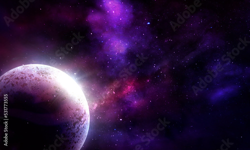 abstract space illustration  moon planet and blue light from stars  3D image