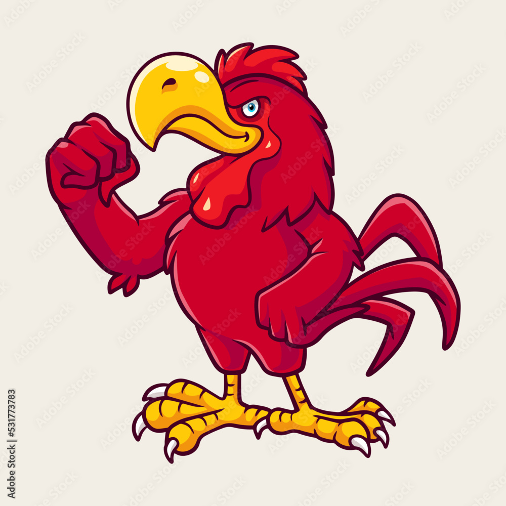 cartoon red rooster showing his muscles