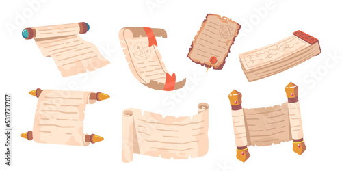 Set Of Parchment Scrolls, Antique Papyrus Rolls, Blank Paper Banners, Open And Convoluted Vintage Manuscripts