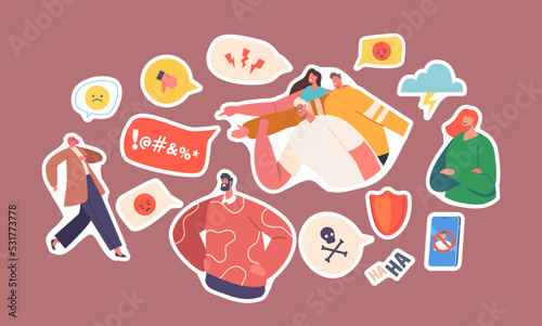 Set of Stickers Cyberbullying Network Abuse and Harassment. Cyber Bullying Problem. Haters on Computer or Smartphone