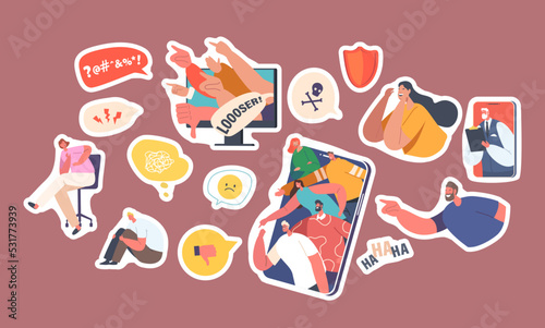 Set of Stickers Cyberbullying Network Abuse and Harassment. Cyber Bullying Problem. Haters on Computer or Smartphone