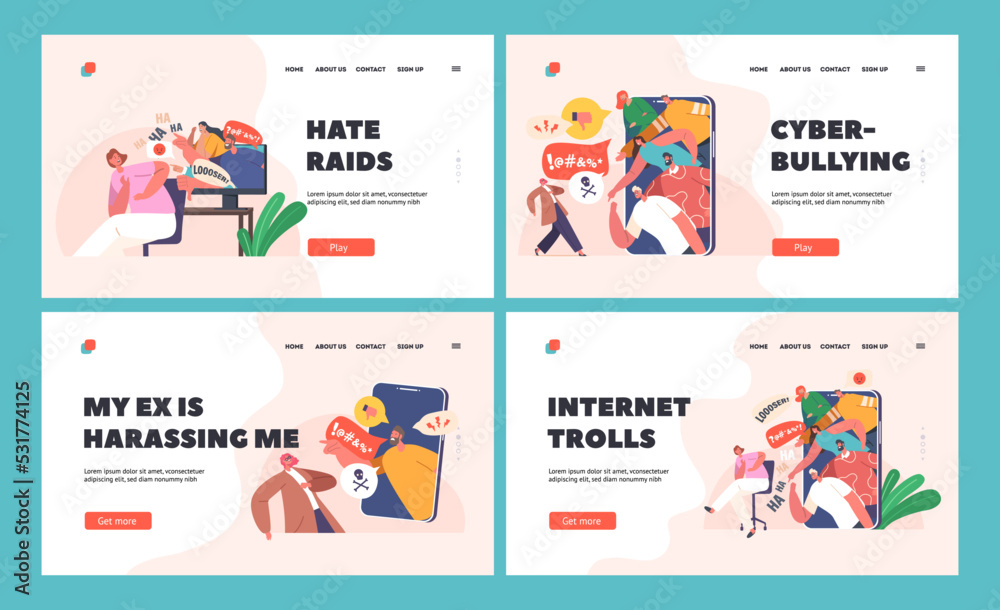 Cyberbullying Harassment Landing Page Template Set. Cyber Bullying Problem. Haters on Computer or Smartphone Screen