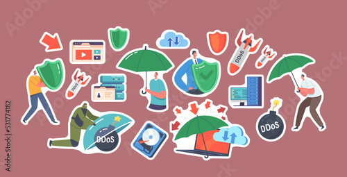 Set of Stickers Ddos protection, Cyber Security And Safety Data. People with Shield and Umbrella Protect Network
