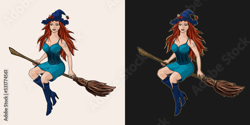 Beautiful girl with long red hair, tattoo, in hat, knee high boots, fitting dress. Pretty young witch flying on broom. Isolated vector illustration in vintage style.