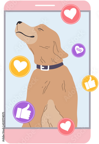 Mobile phone application, social media for pet owners. Program for sharing photos of cats and dogs. Modern app for smartphone, social network for pets. Dog selfie with likes and comments on screen