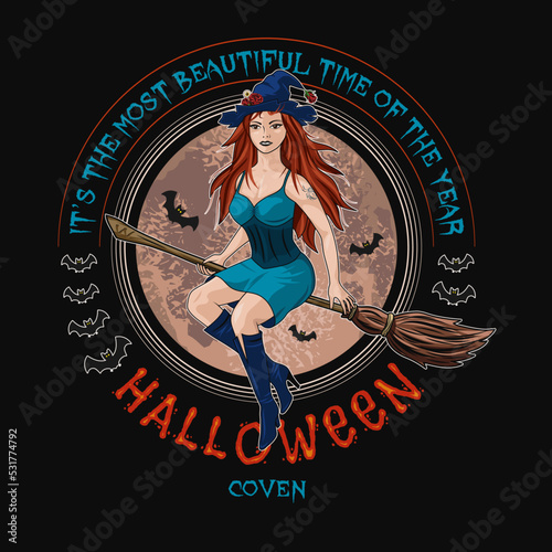 Round emblem with young beautiful witch flying on broomstick, silhouette of bats, full red moon behind, text Halloween coven. Colorful illustration in vintage style.