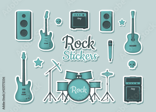 Set of 3d stickers with musical instruments for rock concert on turquoise background. Acoustic, electric and bass guitar, amplifyer, drum kit, sound speakers and microphone. Vector illustration