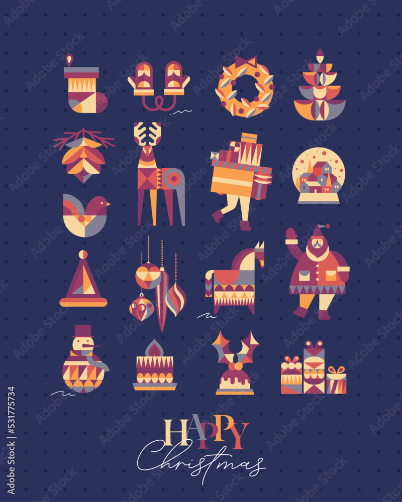 Set of Christmas symbols in cubism style sock, gloves, wreath, tree, cone, deer, gifts, winter snow globe, bird, hat, decorations, horse, Santa, snowman pie candle drawing on blue background