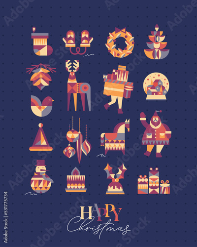 Obraz na płótnie Set of Christmas symbols in cubism style sock, gloves, wreath, tree, cone, deer, gifts, winter snow globe, bird, hat, decorations, horse, Santa, snowman pie candle drawing on blue background w salonie