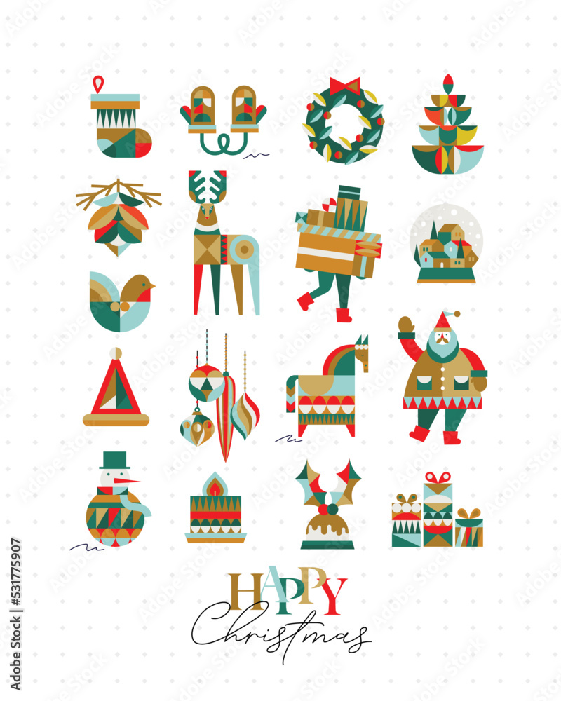 Set of Christmas symbols in cubism style sock, gloves, wreath, tree, cone, deer, gifts, winter snow globe, bird, hat, decorations, horse, Santa, snowman pie candle drawing on light background