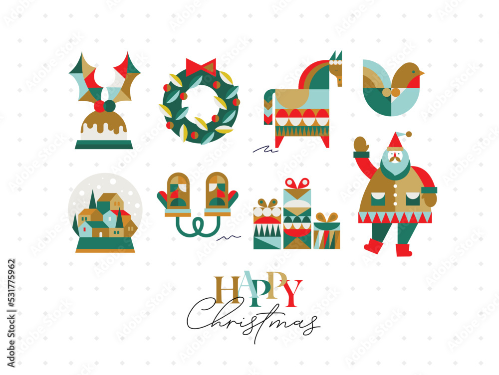 Set of Christmas symbols in cubism style gloves, wreath, gifts, winter snow globe, bird, horse, Santa drawing on light background