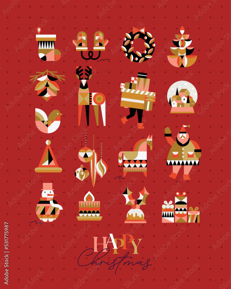 Set of Christmas symbols in cubism style sock, gloves, wreath, tree, cone, deer, gifts, winter snow globe, bird, hat, decorations, horse, Santa, snowman pie candle drawing on red background