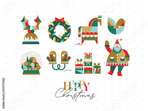 Obraz na płótnie Set of Christmas symbols in cubism style gloves, wreath, gifts, winter snow globe, bird, horse, Santa drawing on light background w salonie