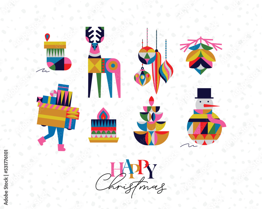 Set of Christmas symbols in cubism style sock, tree, cone, tree, decorations, snowman, candle drawing on white background