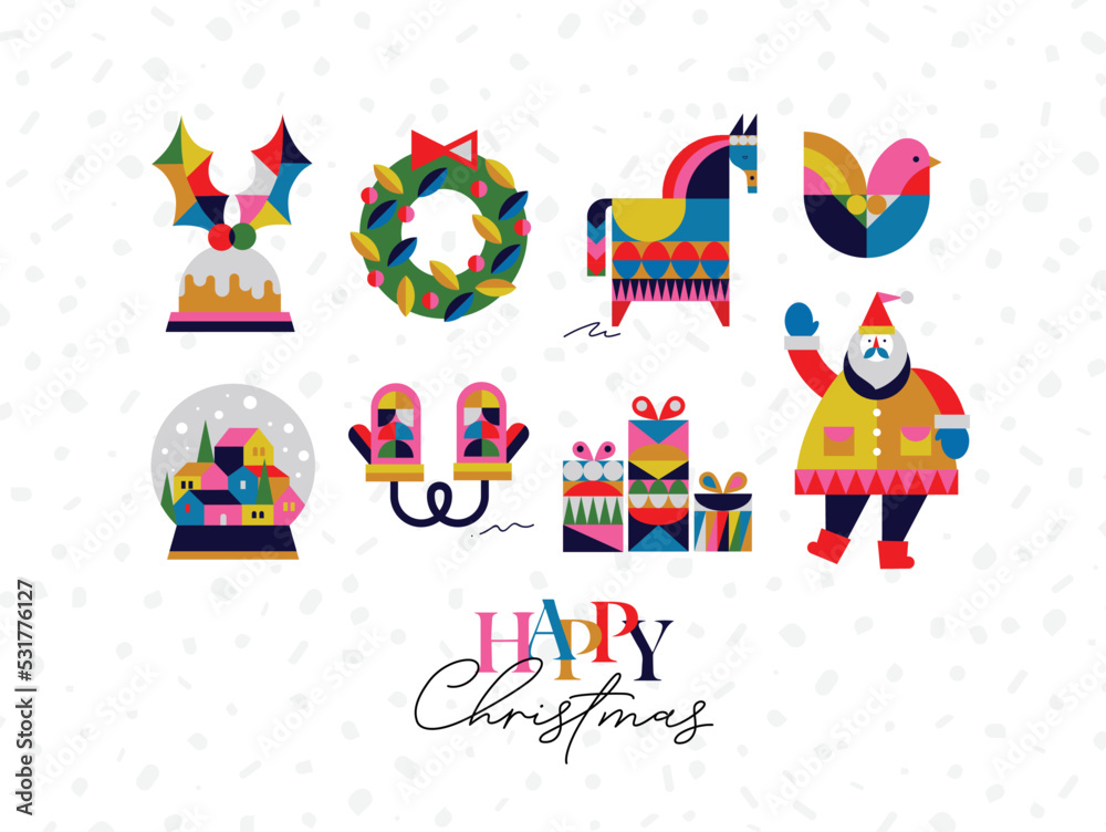 Set of Christmas symbols in cubism style gloves, wreath, gifts, winter snow globe, bird, horse, Santa drawing on white background
