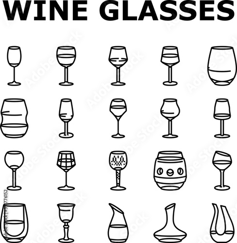 wine glass red drink alcohol icons set vector. cup bar, merlot party, cabernet bottle, champagne liquid, restaurant, goblet wine glass red drink alcohol black contour illustrations
