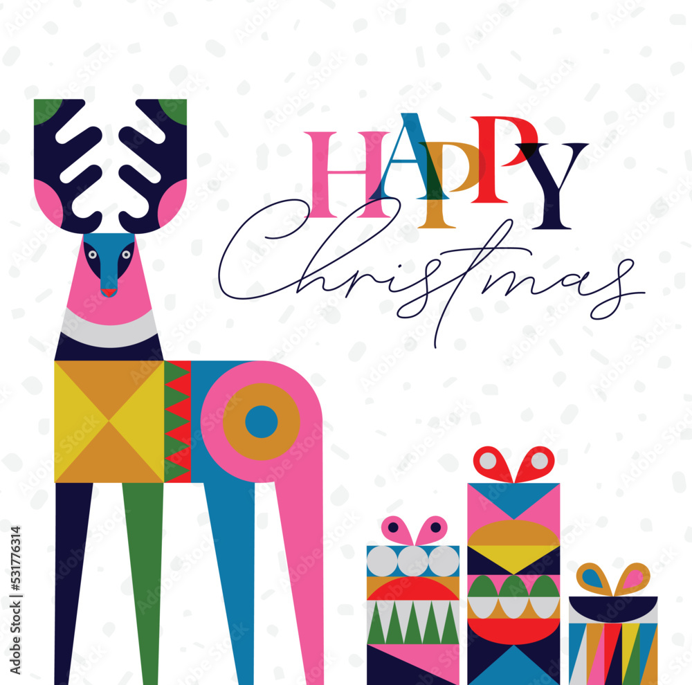 Poster deer and present box in cubism style with lettering happy Christmas drawing on white background