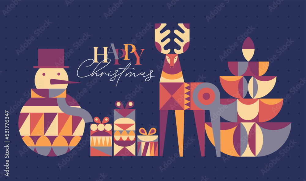 Poster snowman, present box, deer, tree lettering happy Christmas in cubism style drawing on blue background Poster snowman, present box, deer, tree lettering happy Christmas in cubism style drawing on blue background