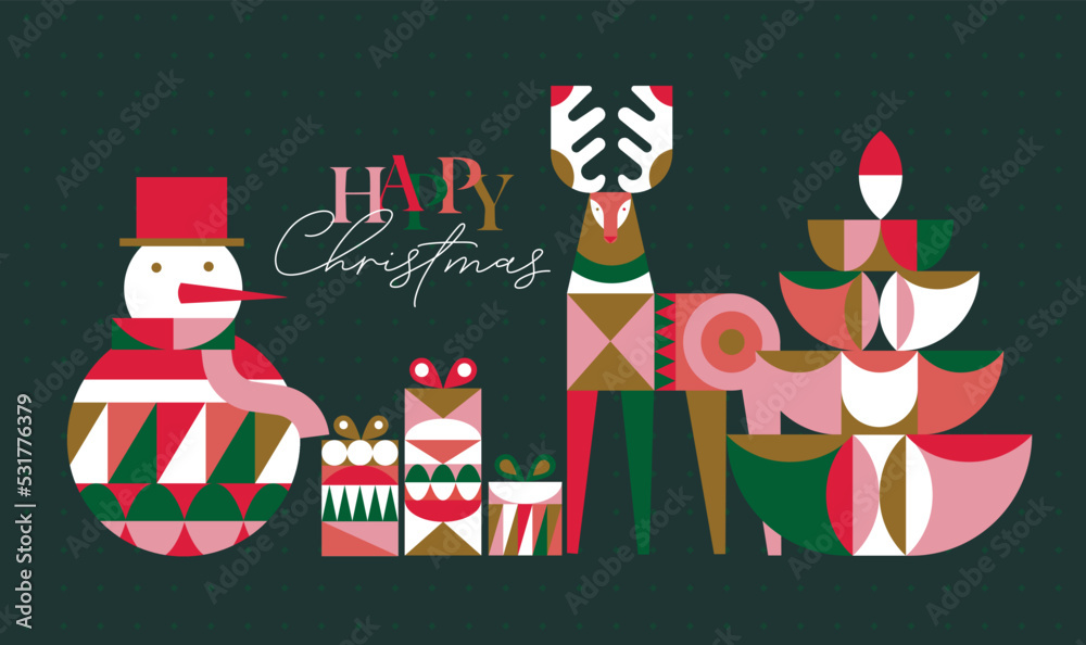 Poster snowman, present box, deer, tree lettering happy Christmas in cubism style drawing on green background