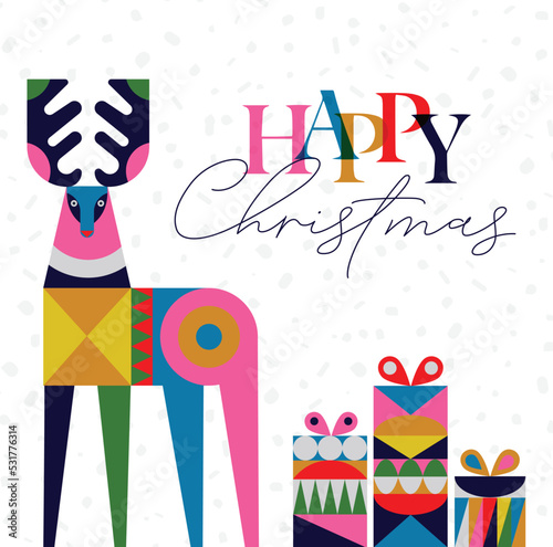 Obraz na płótnie Poster deer and present box in cubism style with lettering happy Christmas drawing on white background w salonie