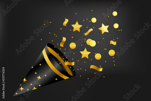 Confetti, firecracker, carnival and paper. Black, gold colors. Vector illustration on a black background. Cartoon style.