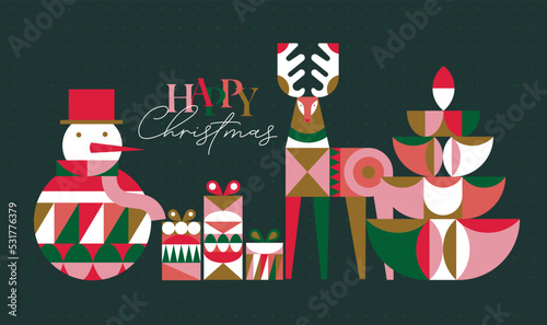 Obraz na płótnie Poster snowman, present box, deer, tree lettering happy Christmas in cubism style drawing on green background w salonie