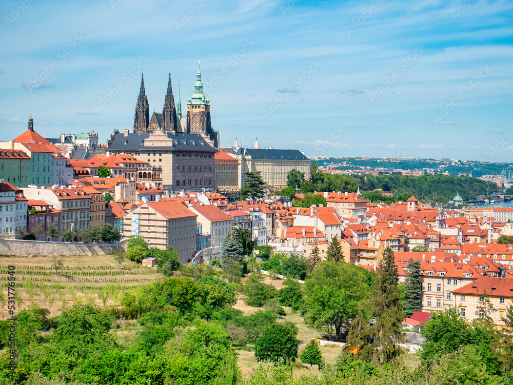 Prague, Czech Republic - June 2022: Beautiful view with the St. Vitus Cathedral located in Prague Castle. close up detail.