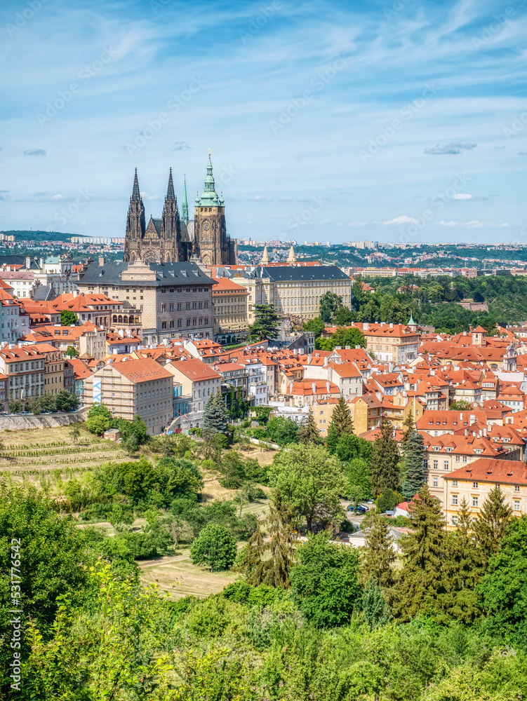 Prague, Czech Republic - June 2022: Beautiful view with the Prague Castle. close up detail.