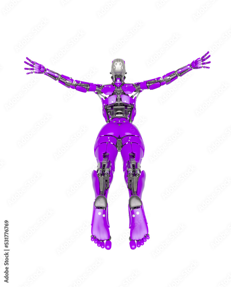 cyborg girl is flying free on white background rear view cyborg girl is flying free on white background rear view