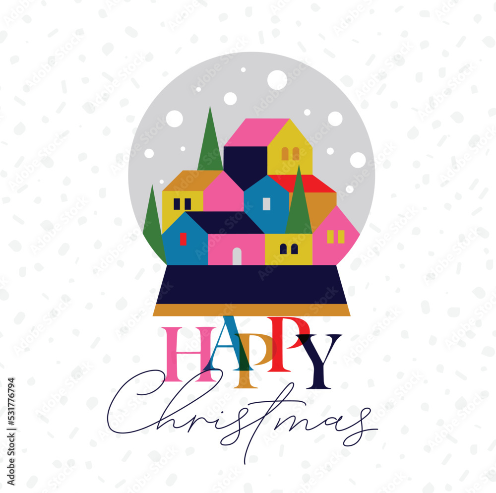 Poster winter snow globe in cubism style with small town lettering happy Christmas drawing on white background