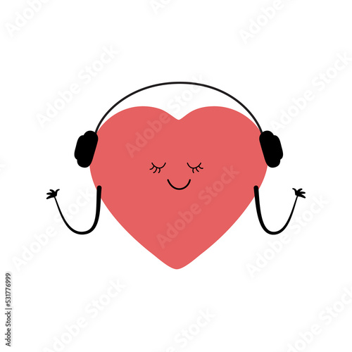 Cute smiling heart isolated on white background. Heart in headphones listens to music. Vector cartoon character illustration.